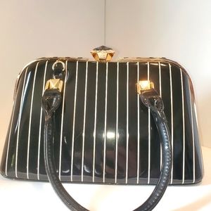 Black Pinstripe Satchel Purse Hard Shell
